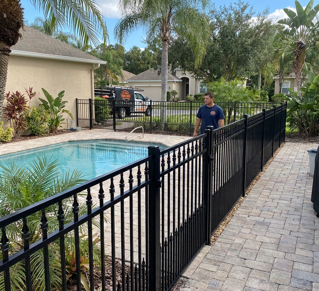 Black aluminum ornamental fence around a Tampa pool area