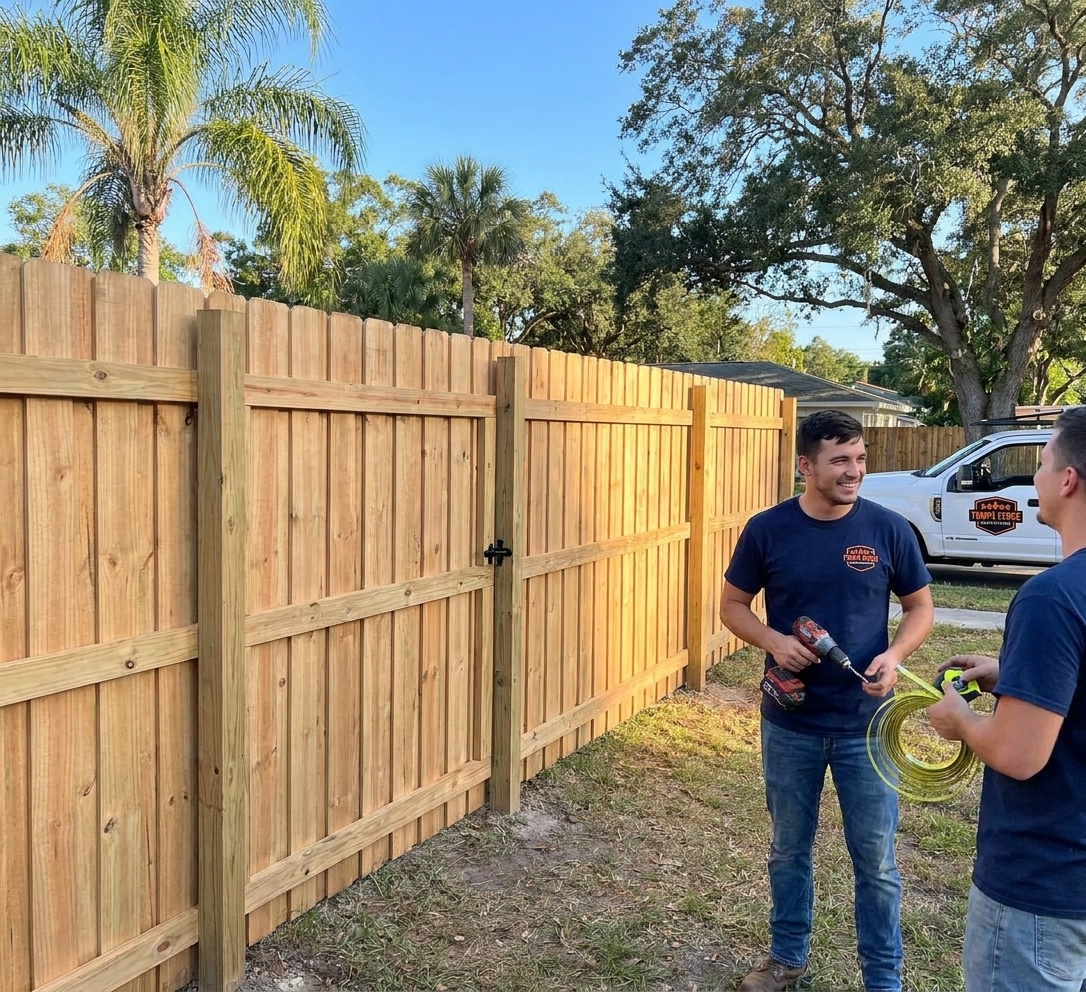 Finished wood privacy fence with gate in a Tampa backyard