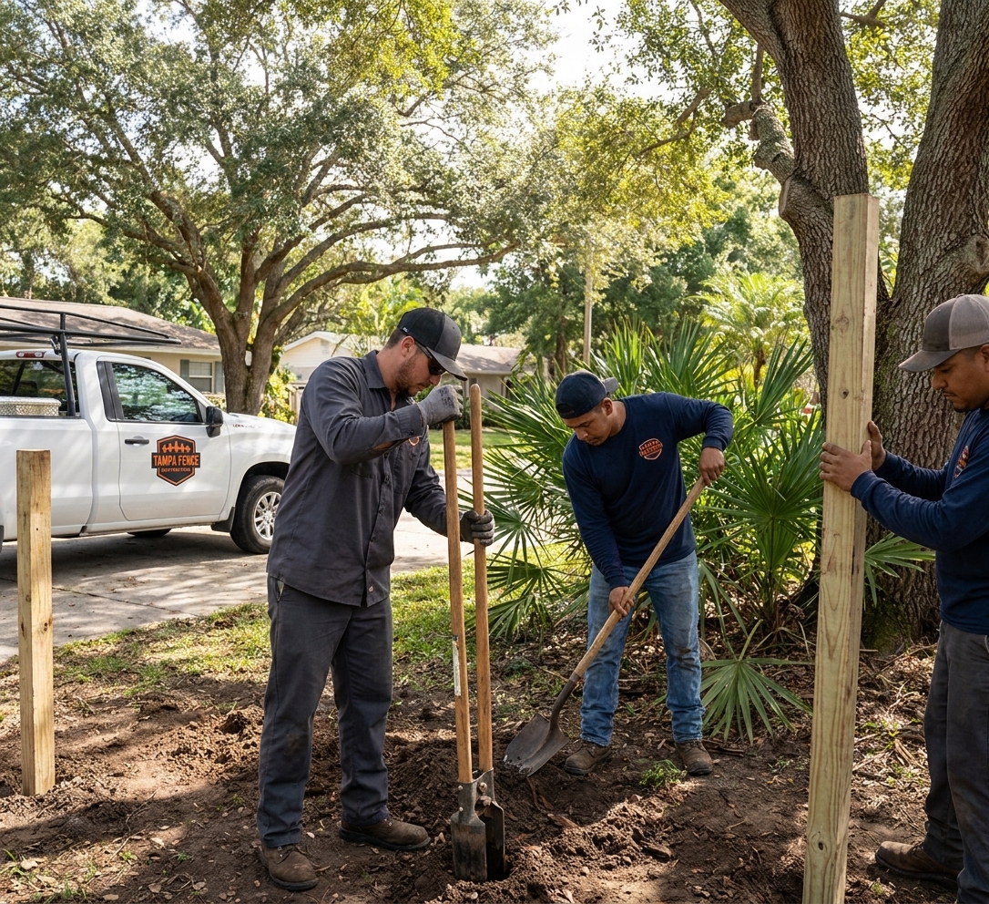 Fence crew digging and setting posts for a new fence installation in Temple Terrace