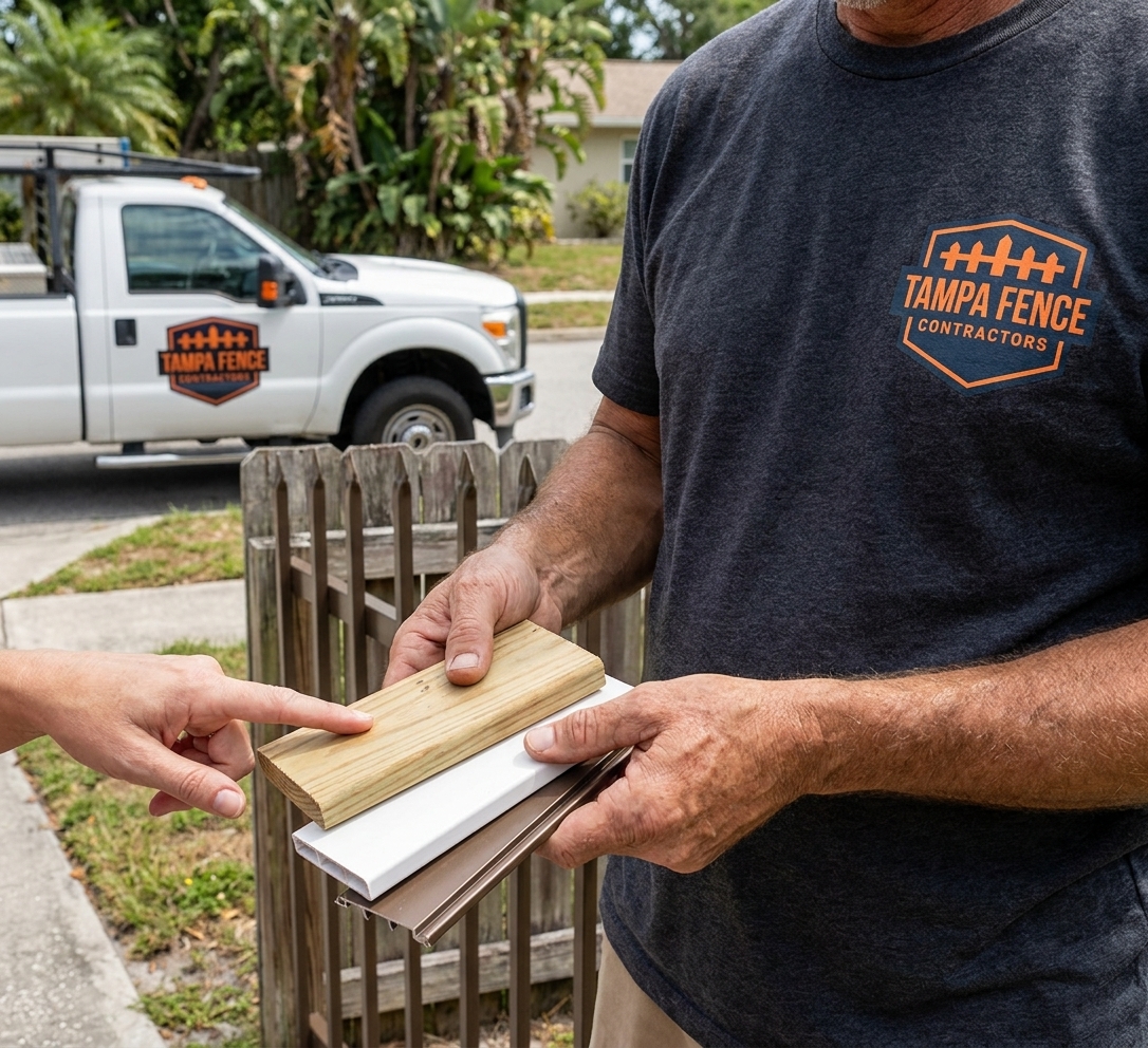 Tampa fence contractor showing wood, vinyl and aluminum fence material samples to a homeowner