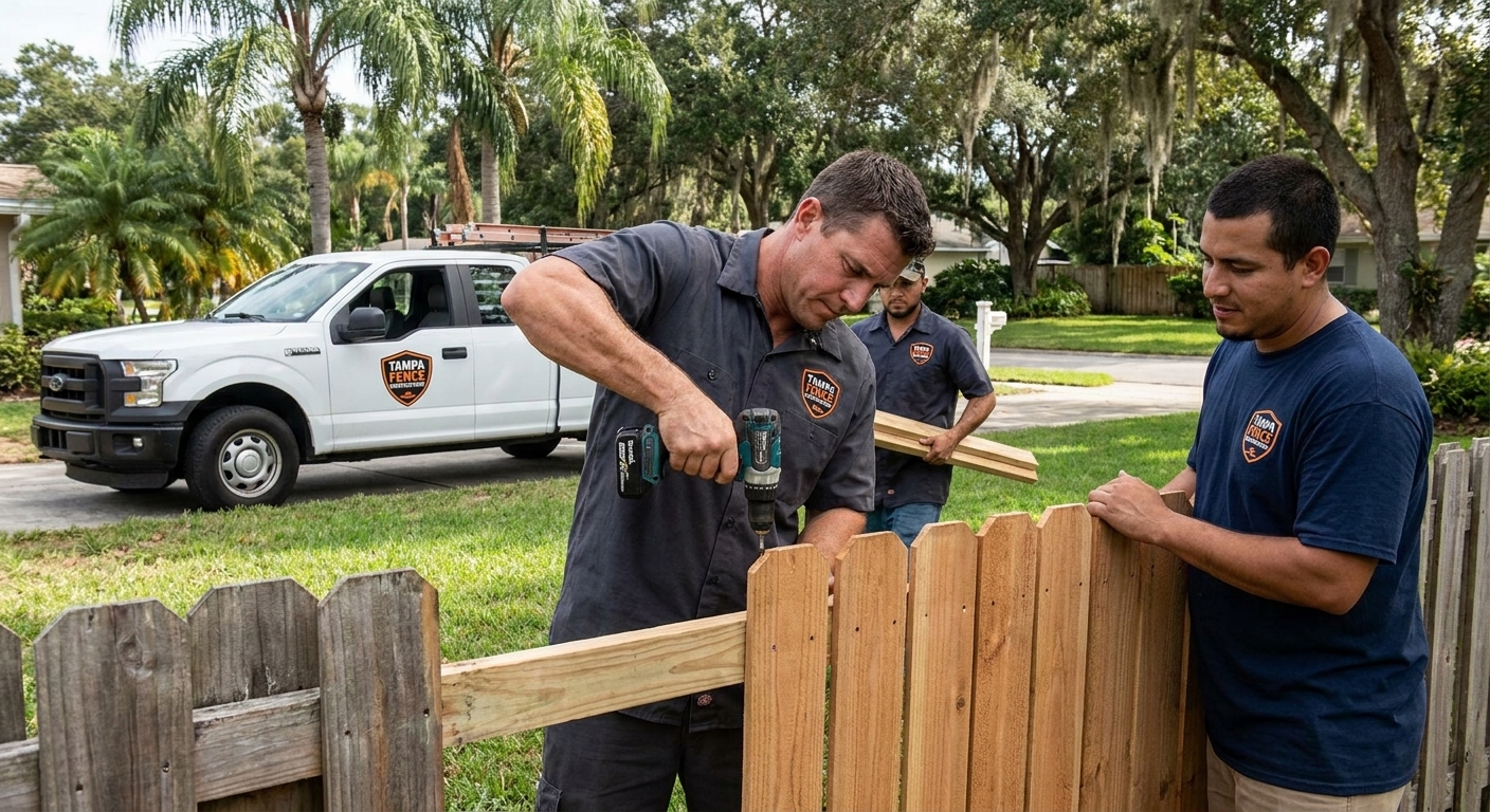 Tampa Fence Contractors crew repairing a damaged wood fence panel