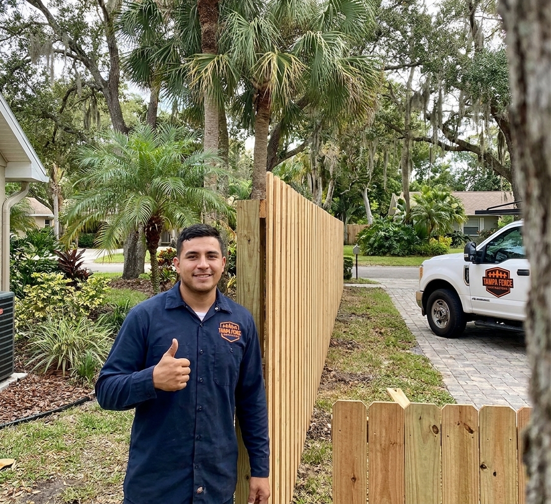 Tampa Fence Contractors crew member with a finished fence in South Tampa