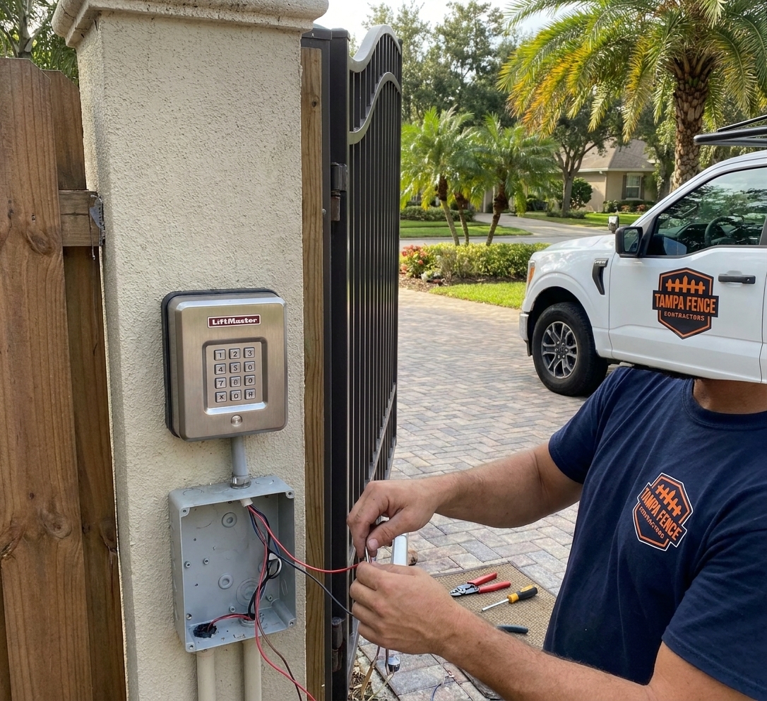 Close-up detail of an automated gate hardware and keypad installed in Tampa