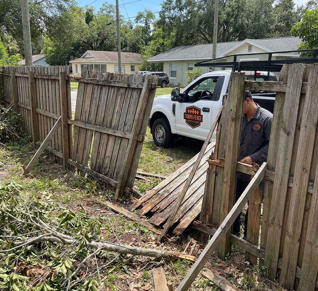 Old storm-damaged wood fence in Tampa before repair