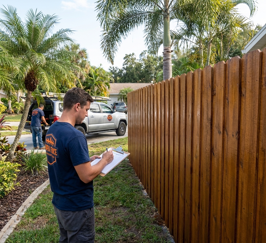 Freshly repaired and stained wood fence in Tampa after service
