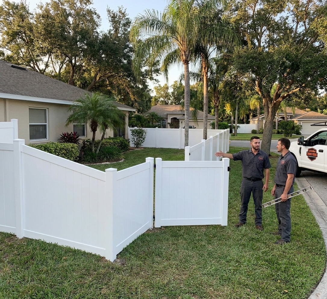 White vinyl PVC fence installed around a Tampa home